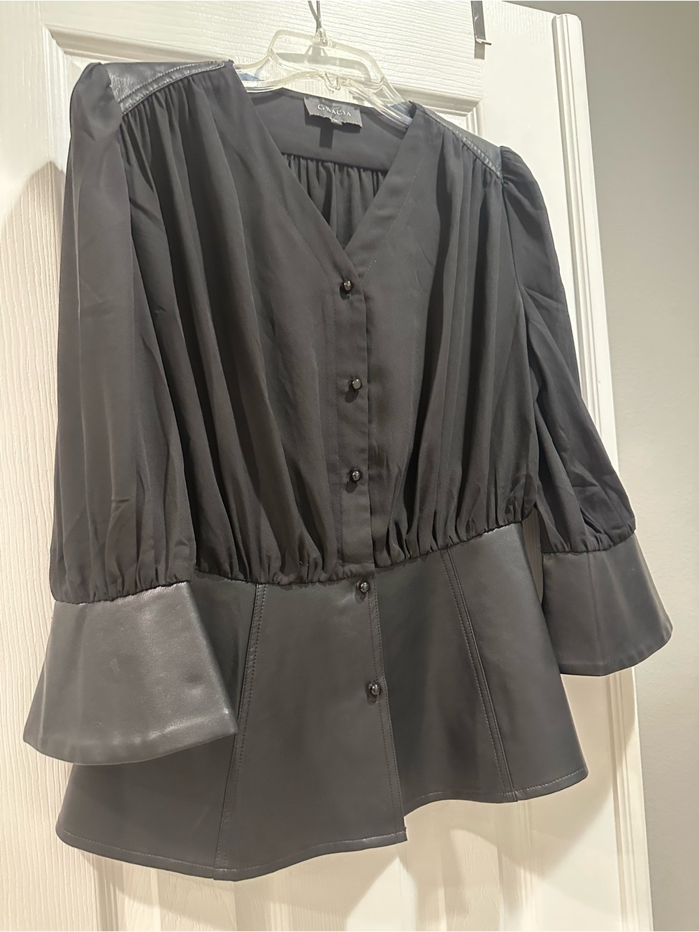 Gracia Black V-Neck Mixed-Media Button Blouse